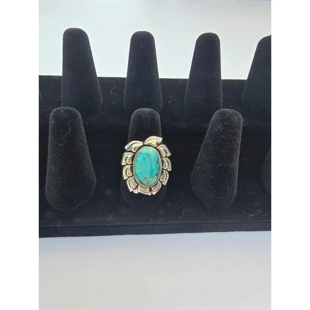 Vintage Sterling Silver 925 Turquoise Oval Scalloped Leaf Ring Size 6.25